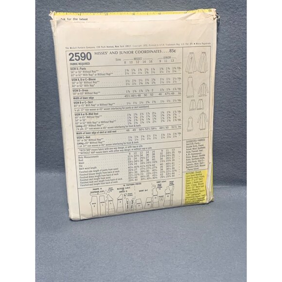 Vintage McCalls 2590 Misses Pants Shirt Dress Skirt Vest Sewing Pattern Size 12 - Picture 2 of 2